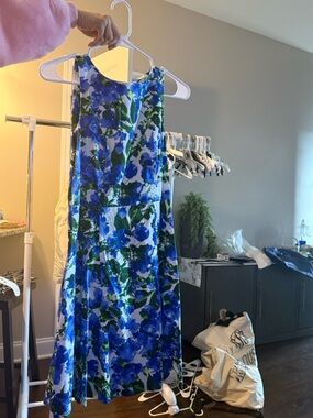 Milly Blue and Green Floral Midi Dress